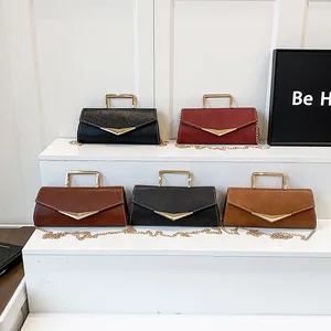 2026 New Women's Envelope Clutch Bag Metal Handle Chain Strap Golden Accent Designer Purse for Party