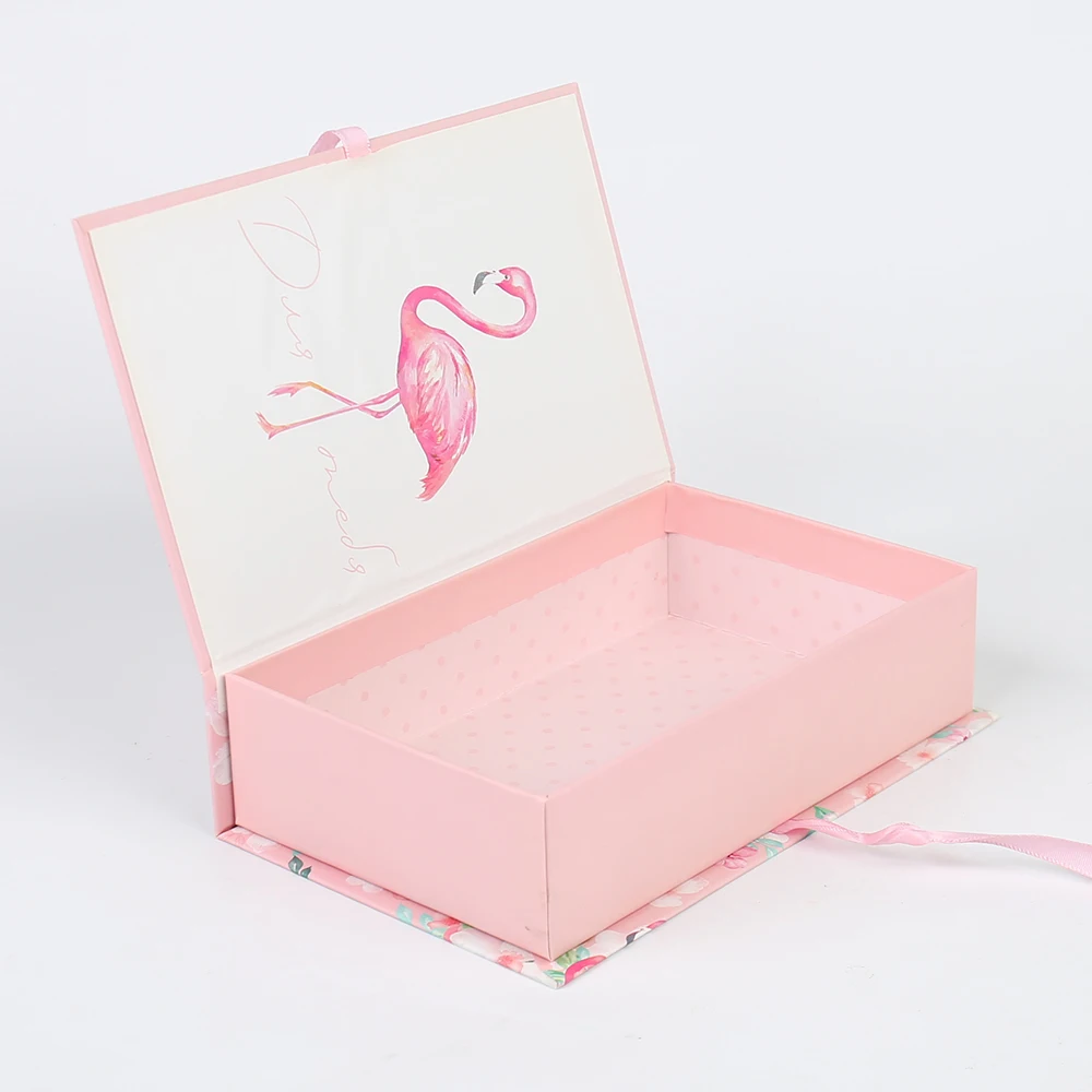 Customized Book Shaped Box Pink Special Paper Gift Boxes Flamingo Design LOGO Custom Rigid Flip Box with Ribbon for Perfume