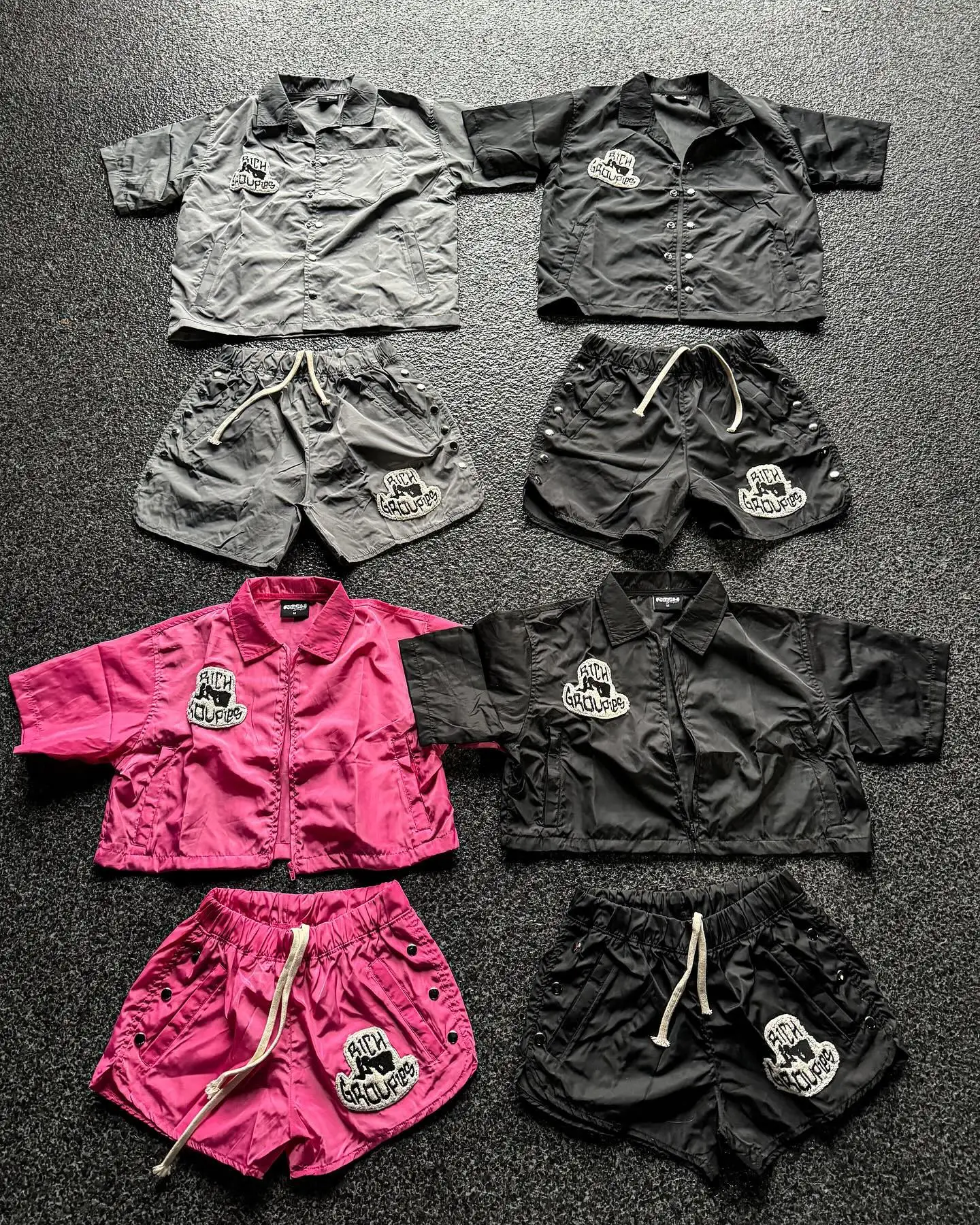 Custom Patches Unisex 2 Piece Jogger Windbreaker Nylon Zip up Buttons Lapel Shirt Jacket Tracksuit and Shorts Set for Men gallery 8