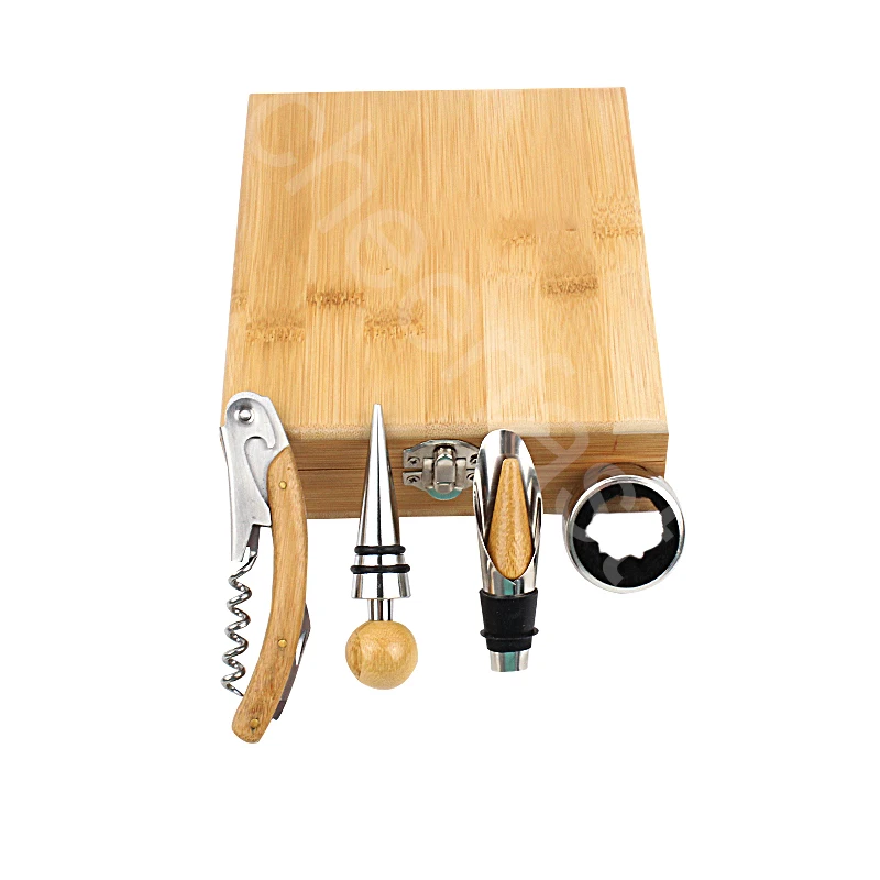 Bamboo Corkscrew Set  4-teiliges Wein Zubehr in Geschenkbox