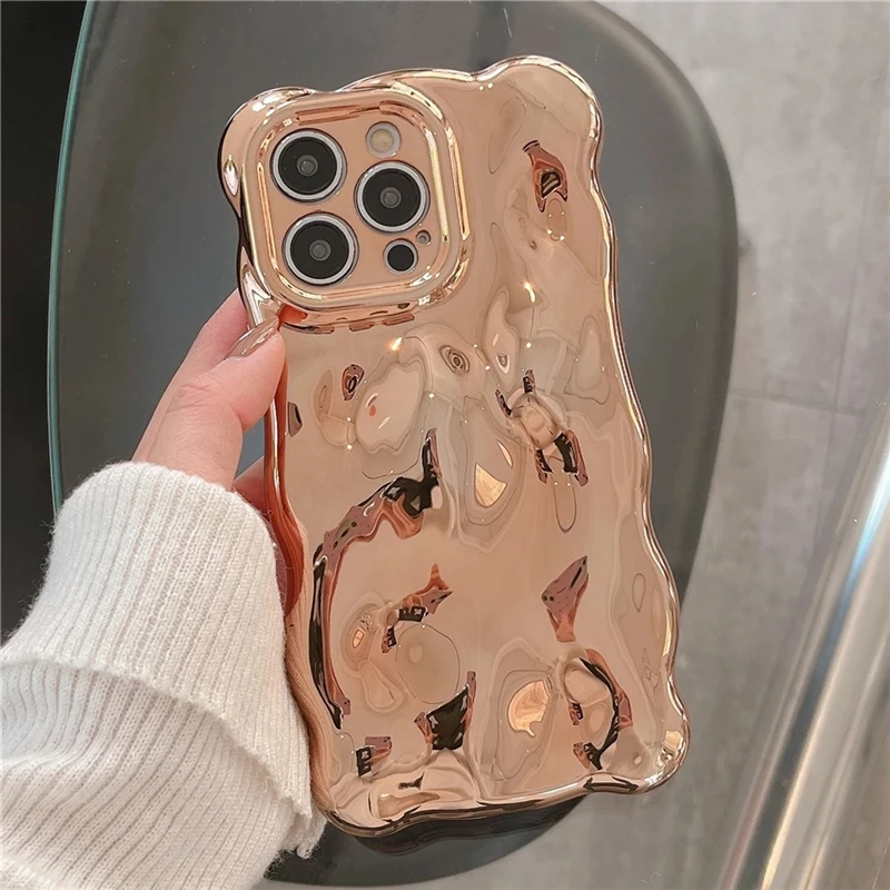 Plating Wrinkle Wavy Curly Edge Phone Case for iPhone 15 11 12 13 14 Pro Max 3D Unevenness Soft Camera Protection Cover