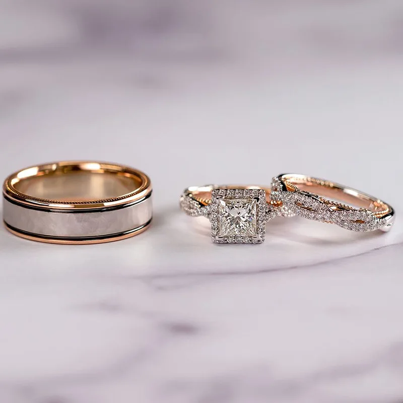 Bague De Fiançailles Or 14K Bicolore Torsadée - Diamant Princesse Taille Carrée, Neuf
