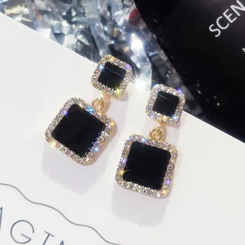 Statement Earrings 2019 Black Square Geometric Earrings For Women Crystal Luxury Wedding Rhinestone Earring