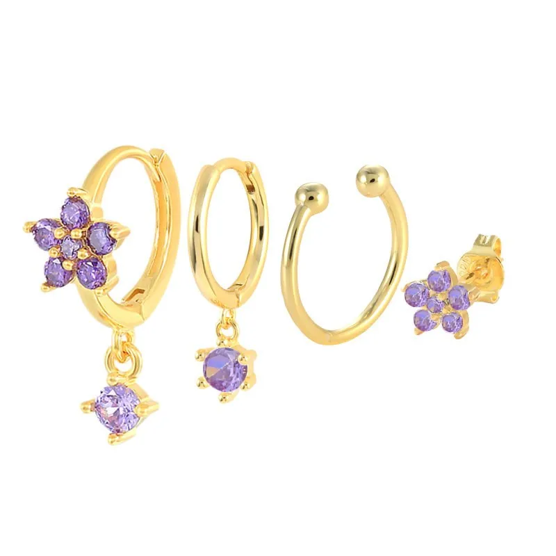 Flower 4 Pieces Set Multicolour Diamond Stud Hoop Drop Earrings Set Fashion 925 Sterling Silver Earrings Women