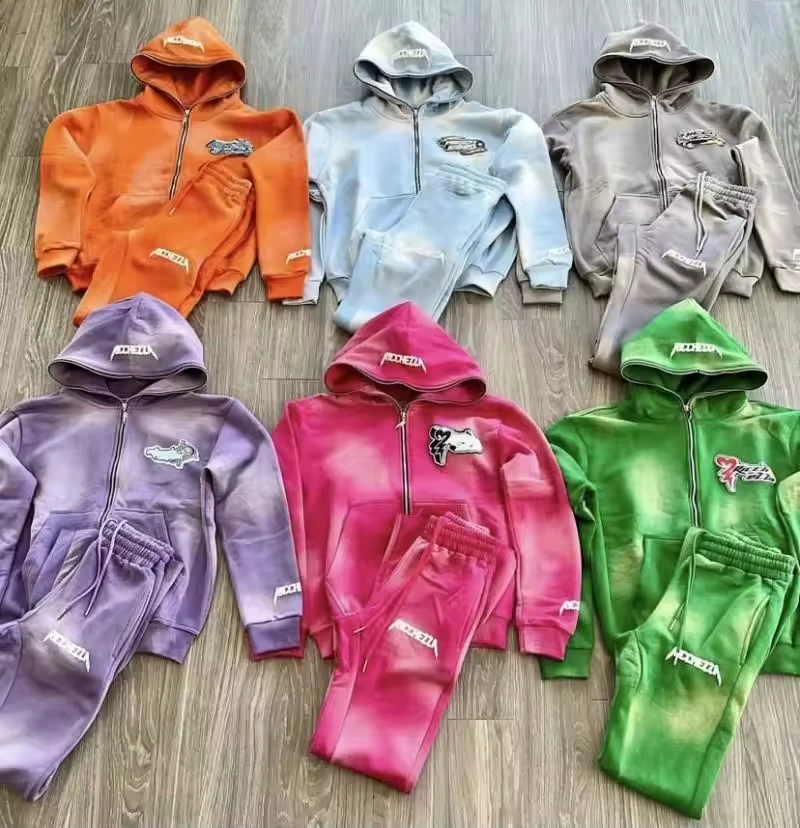 Custom Logo Men Unisex Casual Autumn Tracksuit Sweat Suit Jogger Set Vintage Full Zip Hoodies Acid Wash Polyester/Cotton Quick gallery 2