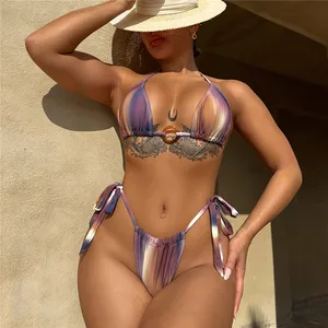 Custom Logo Women 2023 Sexy Neon Bandage Bikini Set Beachwear