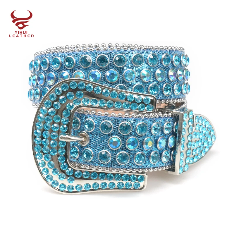 Wholesale Western cowboy women PU leather western belt buckle designer sky  blue rhinestone belt bb simon From m.