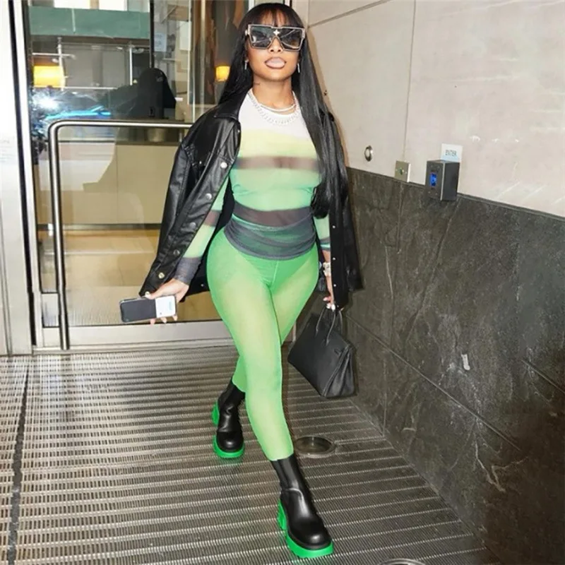 Новинка Осень 2021, женский сексуальный прозрачный костюм из двух предметов с принтом контрастных цветов для отдыха