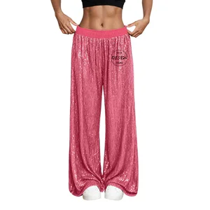 2026 Spring European American Sequin Fashion High Waist Women Wide Leg Pants Casual Thin Breathable Loose Vintage Elastic