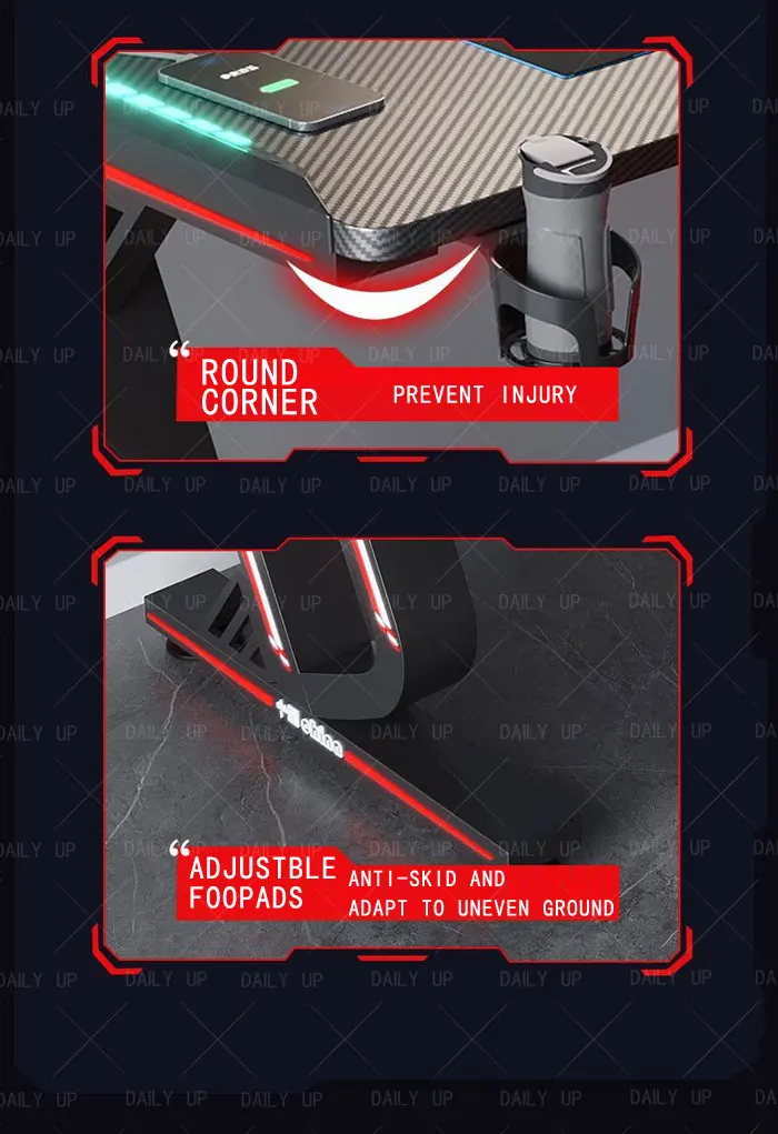 RGB PC Gaming Table With Carbon Fiber Texture Cable Box Steel Frame Professional Gamer Computer Desk For E-Sports Entertainment