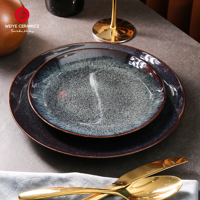 WEIYE Newest Design Recycled Stoneware Chinese Black Rustic Glaze Ceramic Kitchen Plates Set Dinner Dinnerware