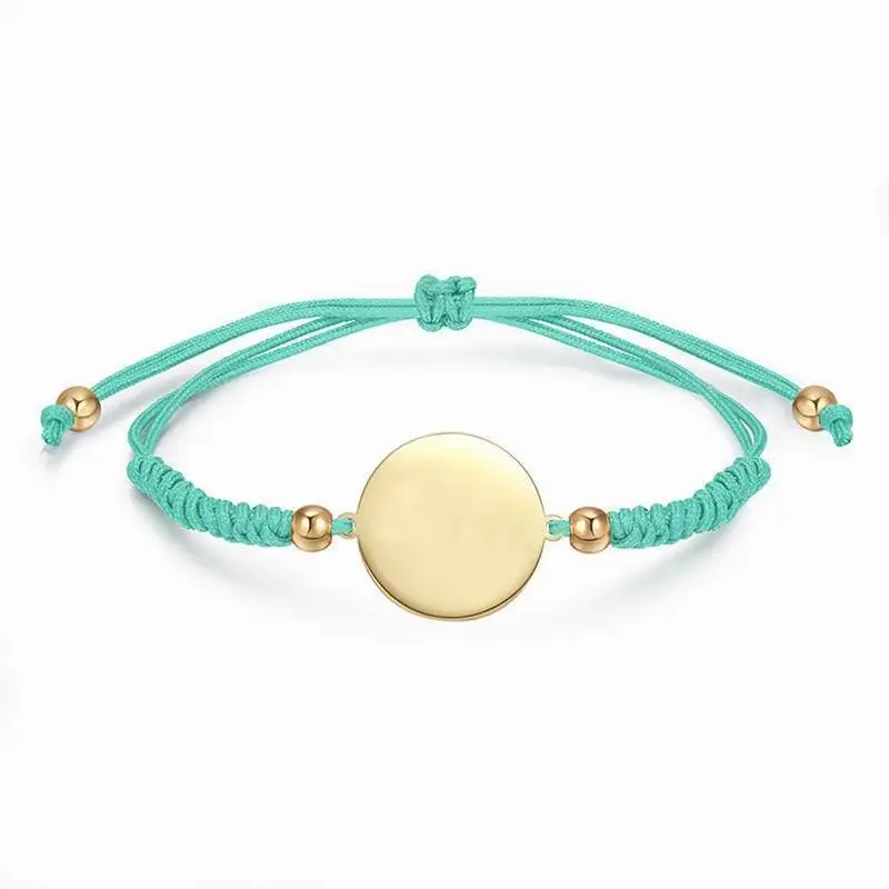 Waterproof Stainless Steel Blank Bracelets for Laser Engraving Fashion 18K Gold Disc Charm String Braided Adjustable Bracelets