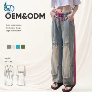 Breathable Sexy High Waist Denim Jeans Loose Casual Party Trousers with Wide Leg Sheer Mesh Star Print Splice for Summer Fashion