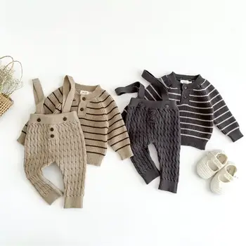 Autumn Baby Clothes Suit Knit Overall And Stripe Sweater Infant Outfit