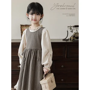 Big Children Dress Spring and Autumn Retro Plaid Detachable Outer Pocket Skirt Large Size Two-Piece Set Lace Collar Long Dress