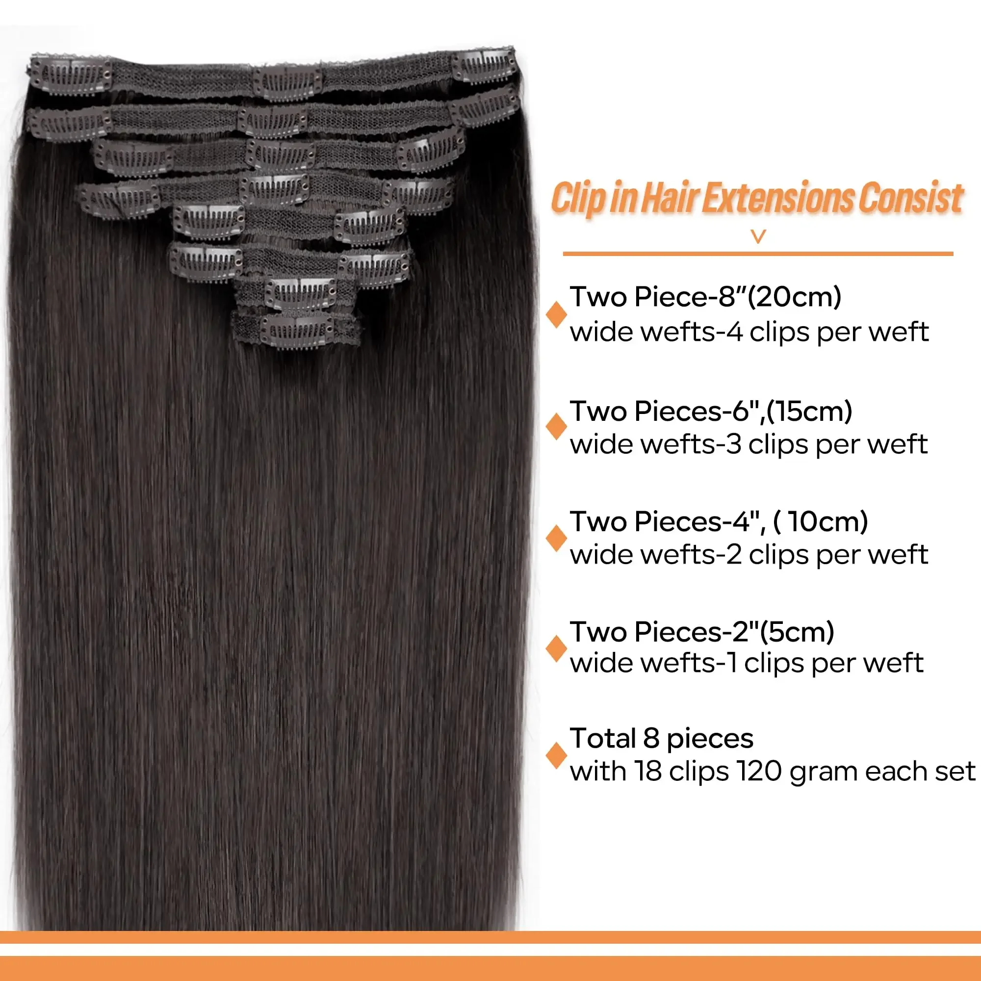 Extension con clip per capelli castano scuro, 100% veri capelli umani, doppia trama, estensione dritta_voghion.com
