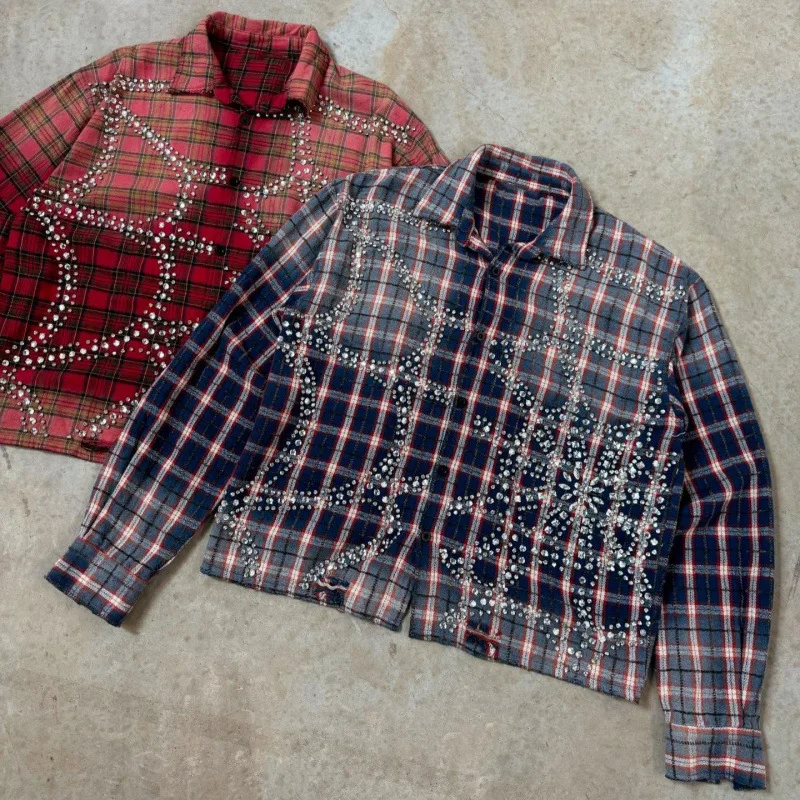 Vintage Plaid Button-Down Shirt Adorned with Sparkling Rhinestones & Eye-Catching Crystal Embellishments details