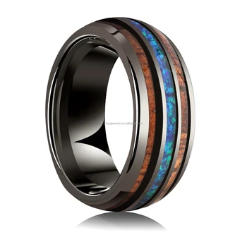 POYA Unisex 8mm Acacia Wood Blue Opal Inlay Tungsten Ring Dark Gunmetal Black with Classic Style for Wedding Gift Anniversary