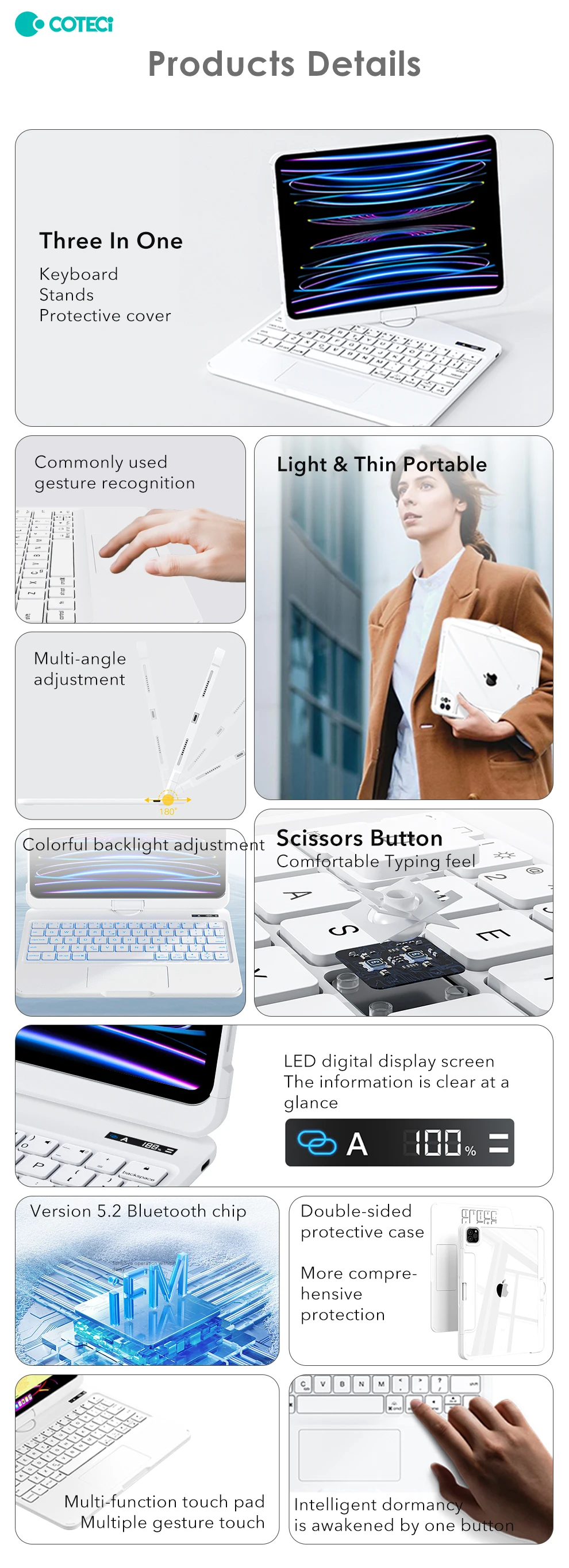 COTECi Roated Tablet Keyboard Case for iPad Air 4 5 Gen 10.9 11 13 Inch M2 M3 iPad Pro 12.9 11 13 Inch M4 2 3 4 Gen
