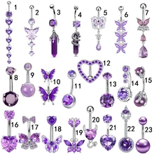 Sexy women's body jewelry Charm Purple butterfly CZ Zircon belly ring stainless steel heart-shaped navel nail jewelry