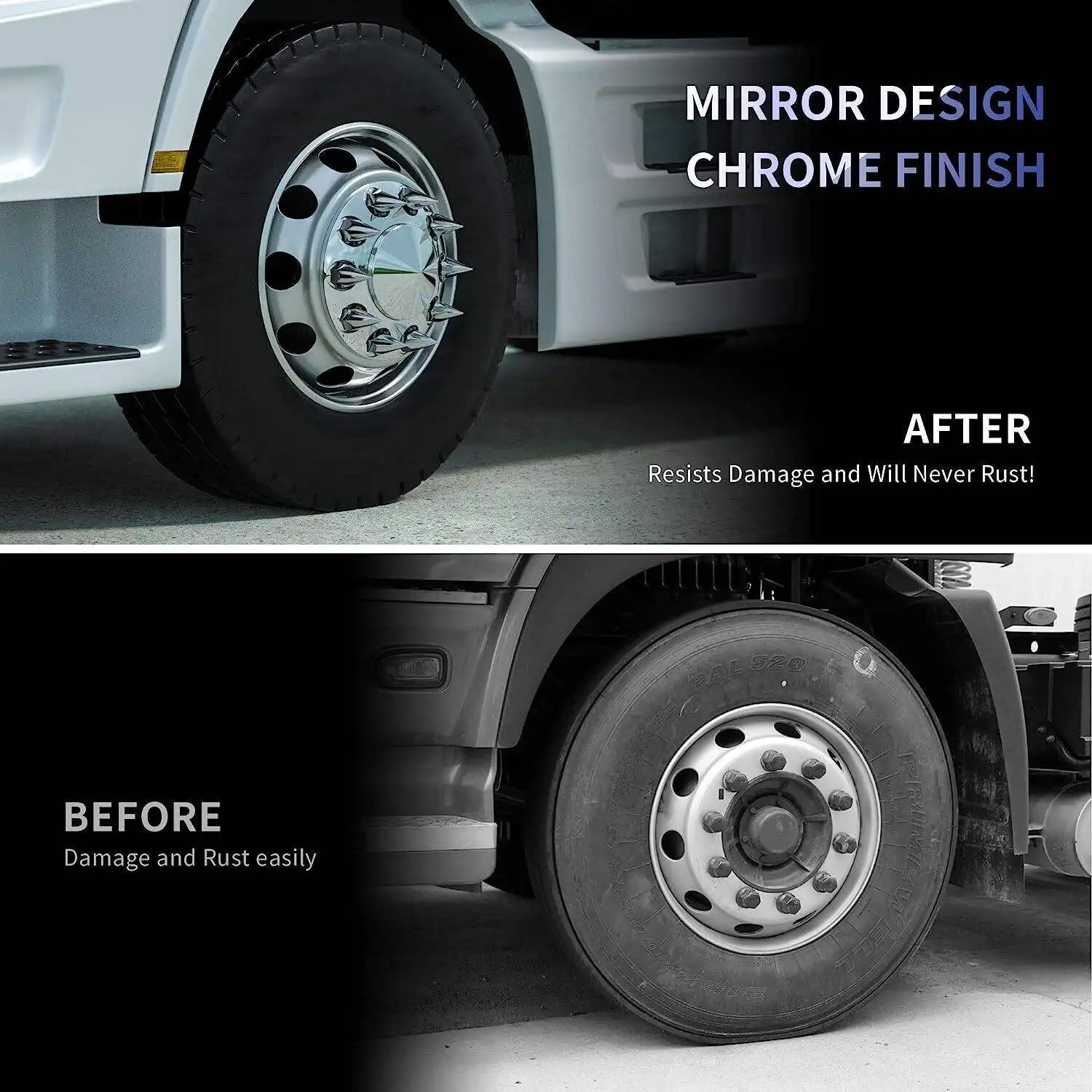 PINOMETAL Custom Removable Hub Caps Chrome Axle Cover Kit 33mm Hubcaps Front Rear Spiked Semi Truck Wheel Nut Cover