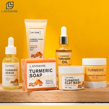 Turmeric Skin Care Set Customized Anti Acne Dark Spot Whitening Soap Serum Scrub Cream Cleanser Face Skin Care Set (new) Natural