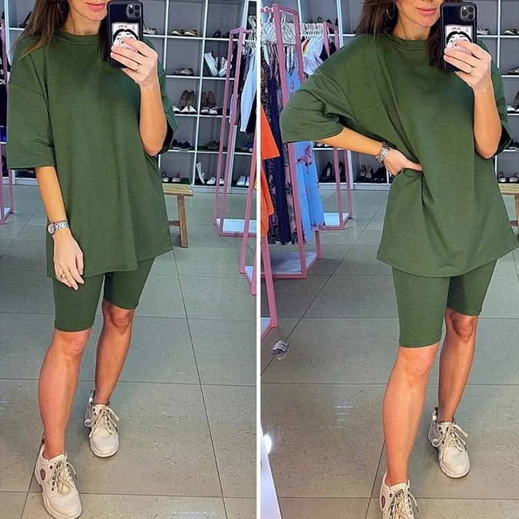 Glamaker Women 2 Piece Outfit sets Casual Oversized T-Shirt Tops Biker  Shorts Workout Sports Tracksuit Large Khaki