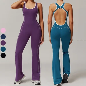 Wholesale Women's High Waist Tummy Control Sleeveless Workout Bodysuit Full Length Flare Gym Jumpsuit with Removable Chest Pads