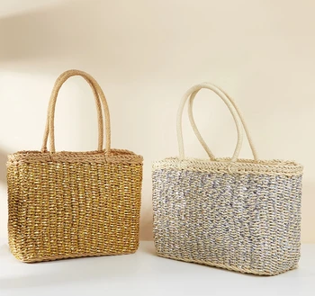 Hot selling handmade woven bags in Europe and America, large capacity grass woven bags, handbags, gold wire diagonal cross bags