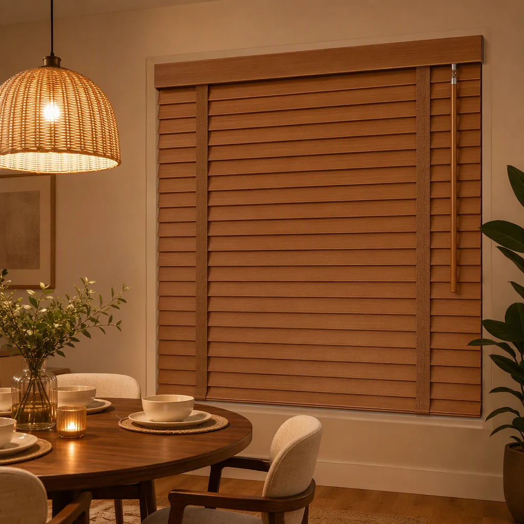 Custom Cordless Horizontal Venetian Blinds 50mm Ladder Tape Wood Grain Valance Tilt Wand Dining Room Window Treatment Every Day