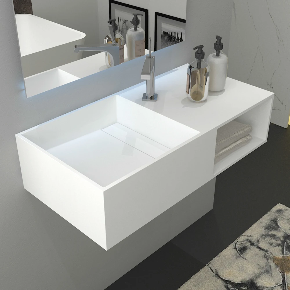 Modern Design Rectangle Acrylic Solid Surface Lavatory Wash Basin Wall Hung Bathroom Wash Hand Basin