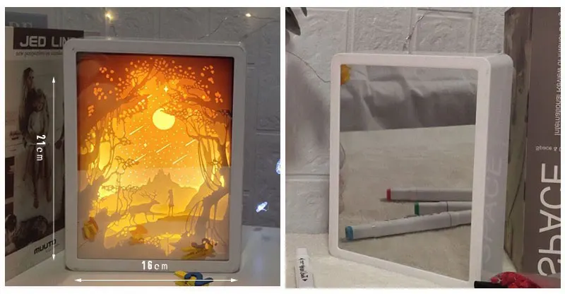 LED Rechargeable Rectangle 3D Mirror Paper Carved Night Light for Bedroom Decoration Desk Lamp
