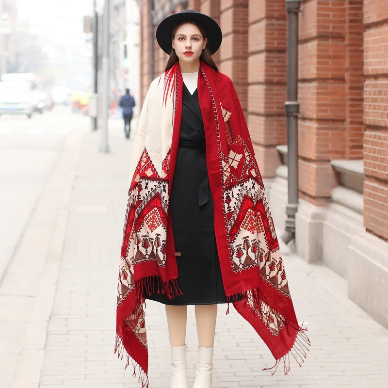 Red Geometric Design Merino Wool Extra Large Scarf Shawl Wrap for Women Winter Oversized Floral Blanket