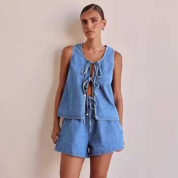Women's Summer Casual Outfits Sleeveless Tie Front Cardigan Vest and High Waist Shorts 2 Pieces Denim Set