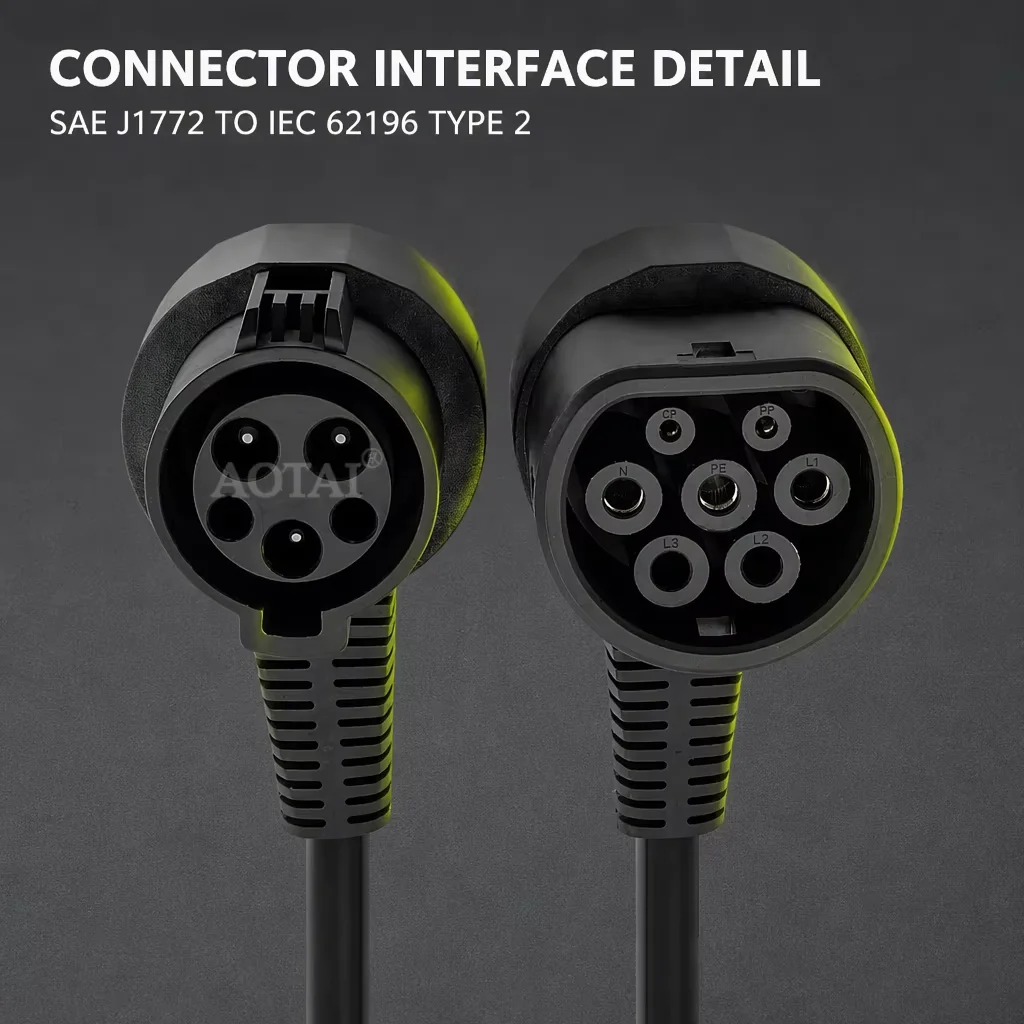 AOTAI J1772 to Type 2 EV Charging Extension Cable Adapter, SAE J1772 to IEC 62196 Type 2 Design for Type 2 EVs