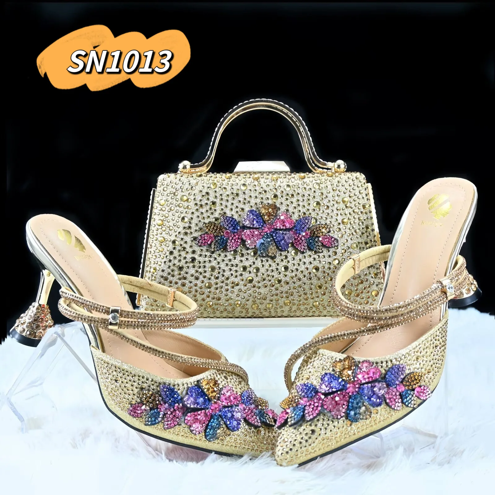 2025 Rhinestone Evening Matching Shoe and Bag Set Orange Matching