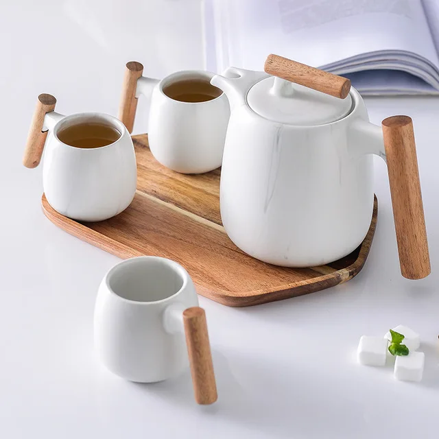 Nordic Designer Porcelain Coffee and Tea Cup Set with Wood Handle and Gift Box Included