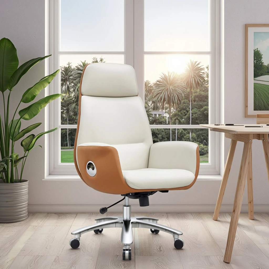 Modern Genuine PU Leather Executive Chair High Elastic Foam Chrome Lift Adjustable Steel Base Office Furniture 4