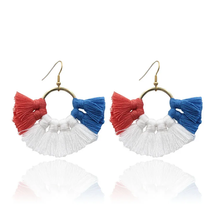 Hot Sale Blue White Red Beaded Hoop Earrings 4th of July Independence Day Beaded Tassel Earrings Women
