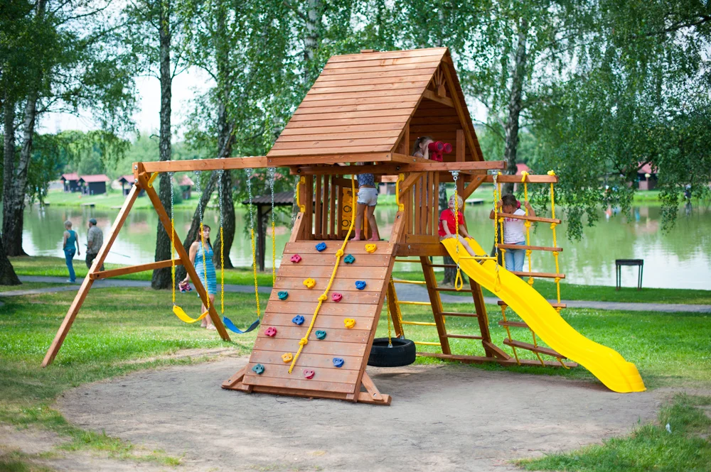 Simple Style Wooden Children Swing Slide Sets Custom Kids Commercial