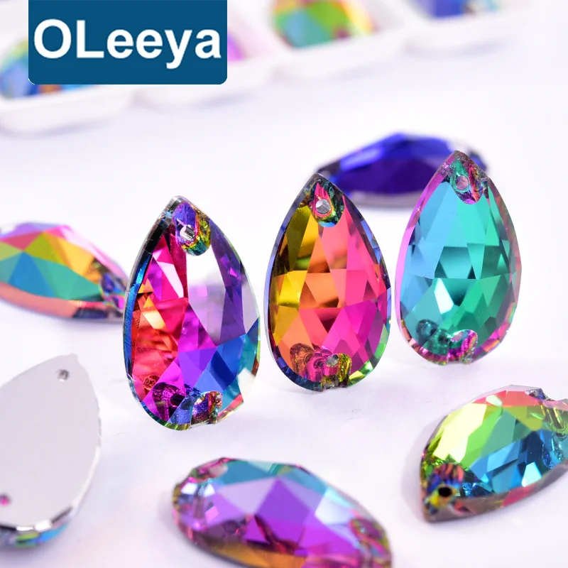 Oleeya 2022 Top Quality Glass 5A Shiny Crystal Violet Blue Teardrop Flatback Sew on Stones for Garment Accessory