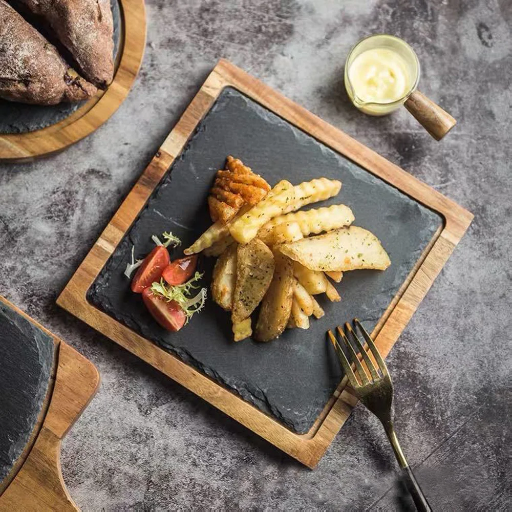 Steak Slate Plate - Acacia Wood - Stone - 3 Sizes Available