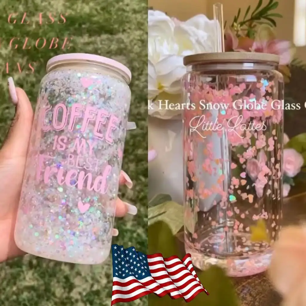 Glitter Snow Globe Glass Pink Glitter Snow Globe Glass Can 16oz Snow Globe  Glass Can Bamboo Lid Glass Tumbler Glitter Tumbler 