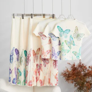 Long Pleated Skirt Set Women Summer High Quality Miyake Pleated Shirt and Printed Pleated Skirt Sets for Women Two Pieces