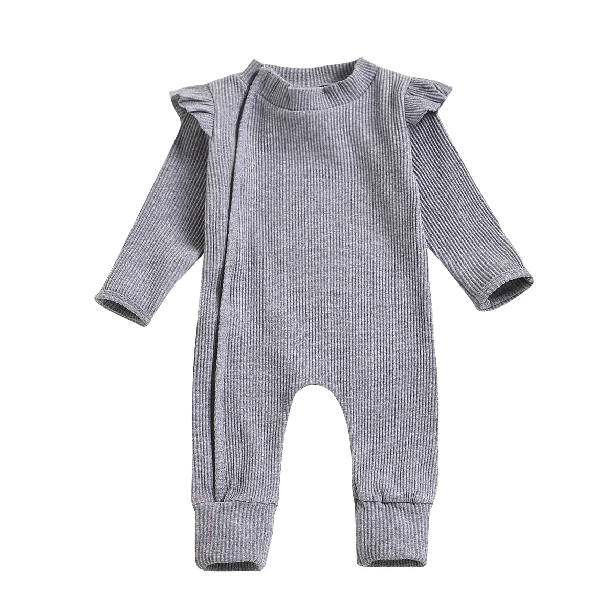 Baby Girl Rompers Newborn Ribbed Long sleeve Jumpsuit with Zipper Solid Color Bodysuit for 0-18m