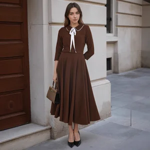 2025 New Women's Clothing: 3/4 Sleeve Design with Tie Waist Ladies' Dress, Daily Versatile Casual Dress