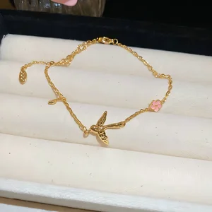 Delicate Gold Plated Bracelet with Bird Pink Flower Charms Dainty Enamel Animal Jewelry for Women Elegant Daily Wear Gift