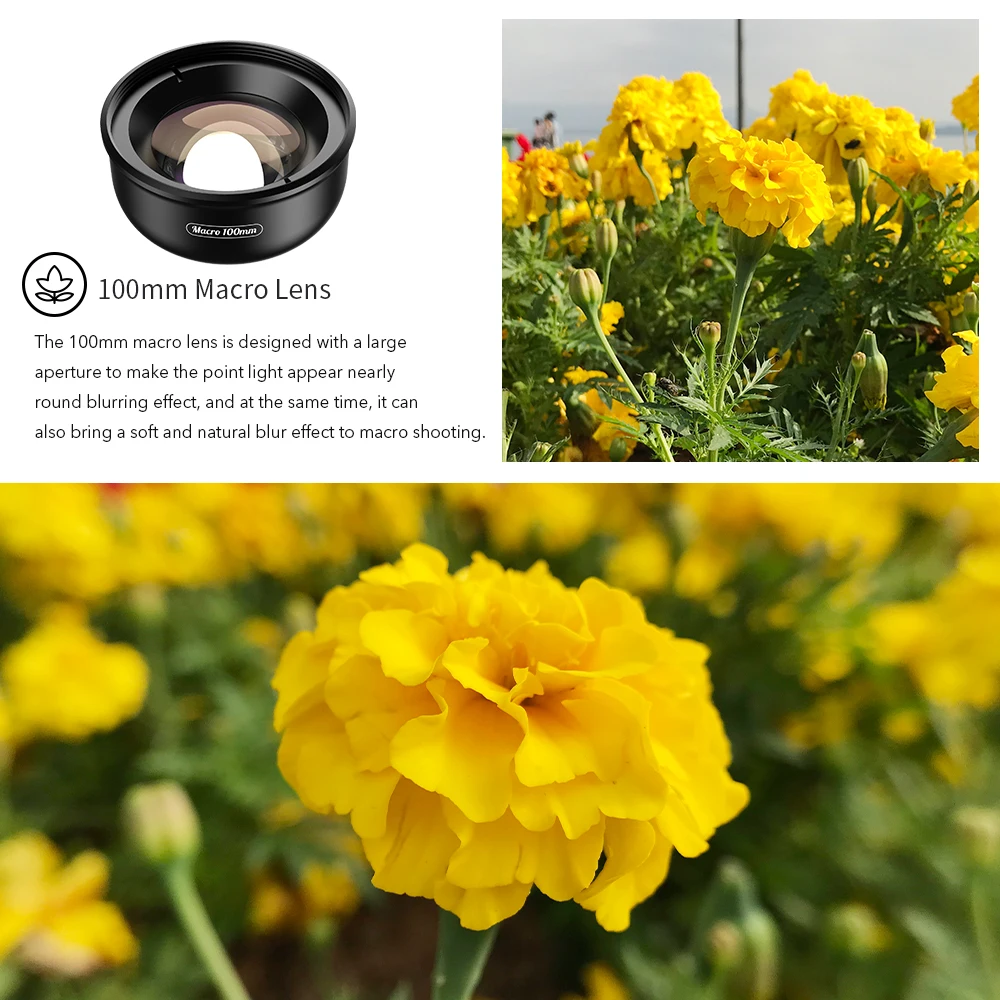 Apexel Universal Clip on 4K HD 100mm Macro Lens Phone Camera Lens for iPhone and Android with Bag