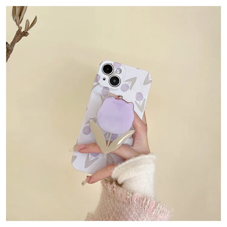 New Arrival Purple Pink Gradient With Tulip Holder Phone Case for IPhone 15 14 13 12 Pro Max
