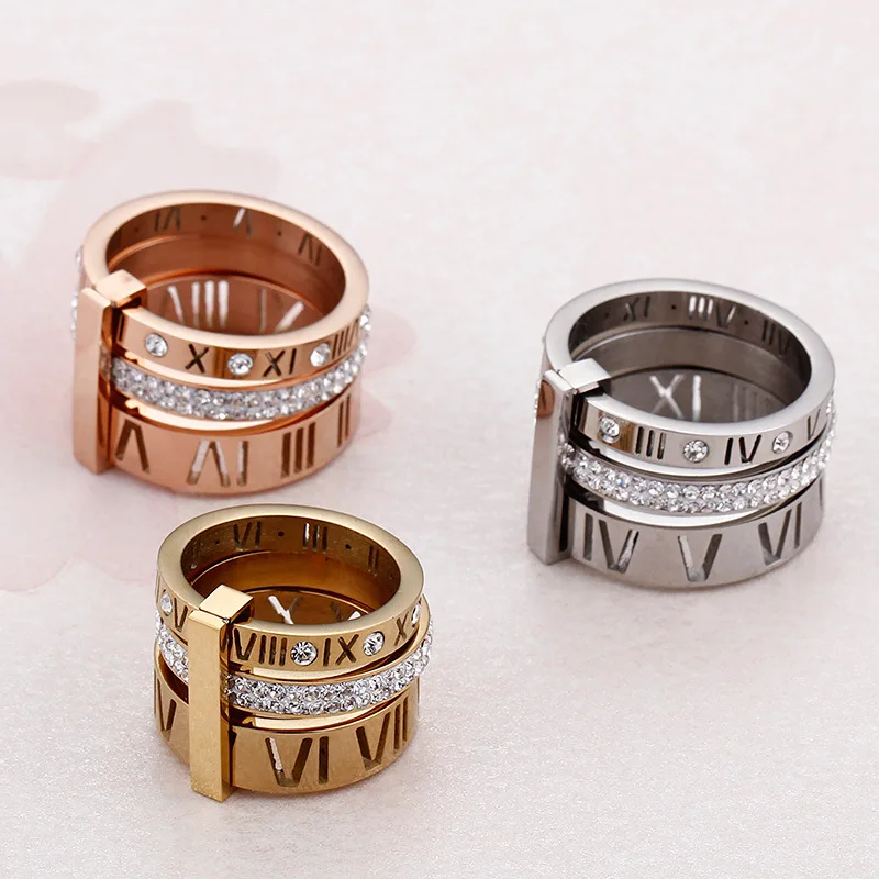 Fashion Engraving Jewelry Roman Numerals in 18k Gold Plated Stainless  Steel Chunky Rings with Cubic Zirconia for Women